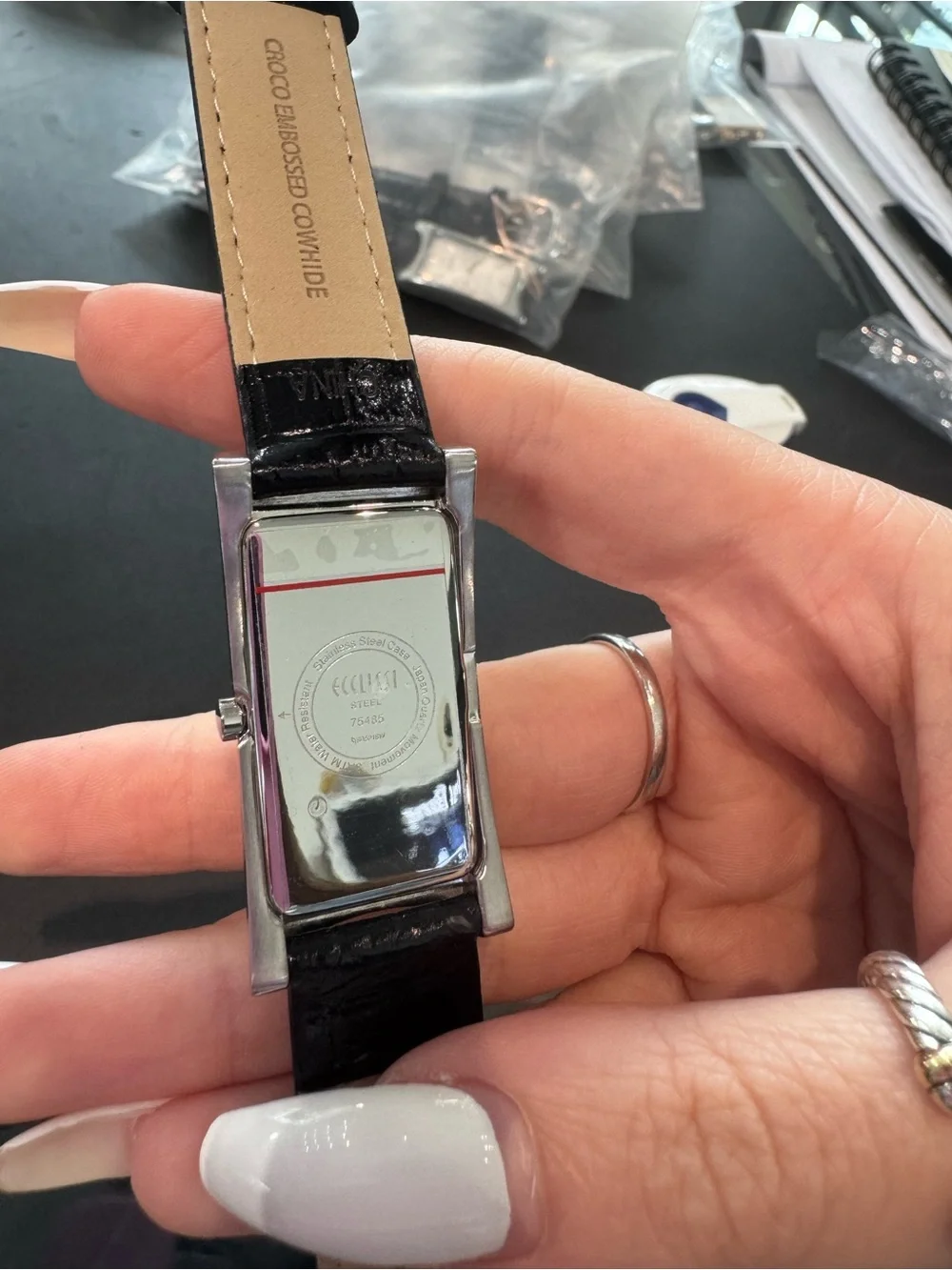 New Eclissi Stainless Steel Rectangular Watch with Black Leather Strap